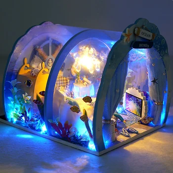 DIY Miniatúrne Nábytok Tichom Izba Auta domček pre bábiky so Svetlom Ryby Zmontované 3D Model Casa Doll House pre Deti, Dospelých Dary