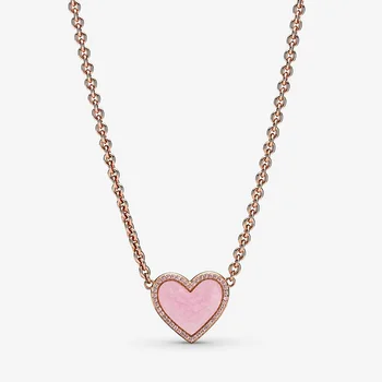 2021 Valentína Trendy 925 Sterling Silver Ružové Srdce Náhrdelník Crystal Náhrdelníky Pre Ženy Značky Originálne Módne Šperky