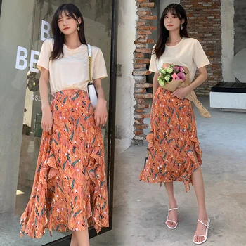 Dámske Elegantné 2 Kus Šifón Sady pre 2021 Módne Trendy Office Dámske Oblečenie jednofarebné Tričká a francúzsky Kvetinový Sukne