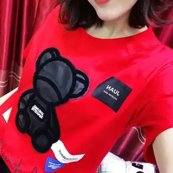 Medveď Karikatúra Tlače Mid-dĺžka-Krátke Rukávy T-Shirt Y2K Topy dámske 2021 Lete kórejčinu Plus Veľkosť Harajuku Kawaii Grafické Tees