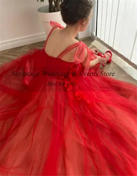 Sevintage Červená 3D Kvety Dlhé Prom Šaty Linky Perly Špagety Popruh Svadobné Party Šaty 2021 Princezná Tylu Večerné Šaty