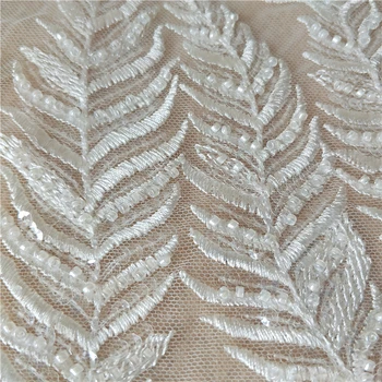 Listy lištovanie čipky textílie slonovinová farba, tylu oka výšivky flitrami+perličky luxusné svadobné šaty s čipkou, nevesta šaty hore čipky