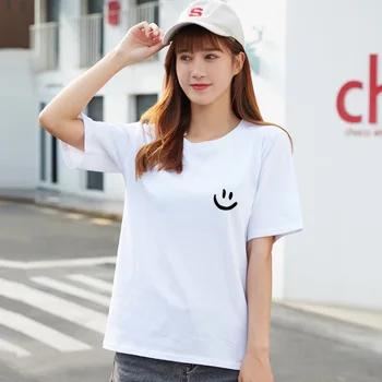 Nový jednoduchý smajlíka žien čistej bavlny-krátke rukávy t-shirt ženy 2021 jar a v lete kórejský príležitostné voľné t-shirt top