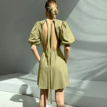Sexy Backless Čipky Mini Šaty Pre Ženy Bežné Pevné O-krku Svietidla Rukáv Asymetrie Elegantná Dáma Letné dámske Šaty 2021