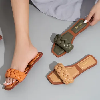 2021 Tkané Papuče Ženy Pošmyknúť Na Diapozitívy Módnej Značky Štvorcové Prst Kožené Ploché Sandále Ženské Vonkajšie Bežné Papuče Flip Flops