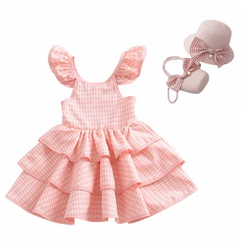 Princezná Cake Šaty Ružové Obyčajný Tlač Baby Girl Šaty, Letné Šaty Lietania Rukáv plesové Šaty, Šaty pre Strany
