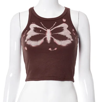 Víla Grunge Oblečenie Vintage Brown Tričko Butterfly Tlač Harajuku Bez Rukávov Kolo Krku Streetwear Ženy Orezať Začiatok