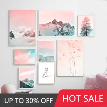 Vianočné Plátno na maľovanie nordic plagát ružová obloha hmly, snehu, horský strom múr umenia a krajiny obrazov na stenu pre obývacej izby útulné izby