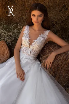 YILIBER Čipky svadobné šaty tvaru bez rukávov retro svadobné šaty 3d kvet backless nádherné vzor zákazku