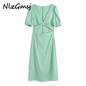 Nlzgmsj Za Šaty Žien 2021 Módne Zelený Kockovaný Midi Šaty Vintage Krátke Voľné Šaty Žena Elegantné Vestidos 202105