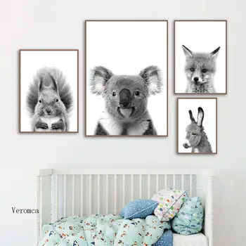Nordic Čiernej a Bielej Zvieratá Plagát Mýval Fox Koala Veverička Wall Art Plátno na Maľovanie Výtlačkov Obrázkov Baby detská Izba Decor
