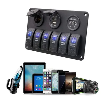 6 Gang Vodotesný LED Digitálne Napätie Displej Kolískový Spínač Panel Dual USB Slot Zásuvka Pre Vozidla SUV Morských RV Truck Camper Čln