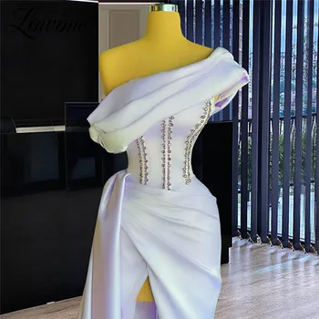 Lowime Biely Elegantný Formálne Dlhé Večerné Šaty 2021 Crystal Satén Plus Veľkosť Arabčina Jedného Pleca Strany Morská Víla Šaty Prom Šaty