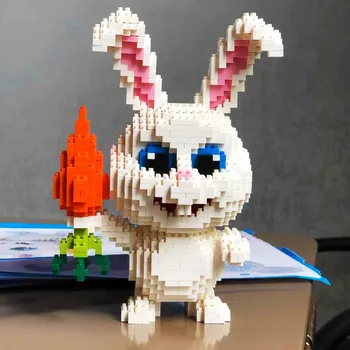 Snowball Bunny Micro Stavebné Bloky Králik Pet Králik Mrkva 3D Model DIY Diamond Mini Tehly Zostaviť Hračka Pre Deti Darček