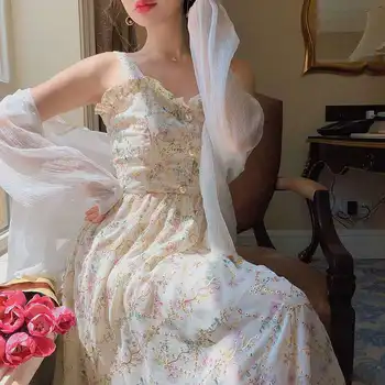 Špagety Popruh Šaty Žien Francúzsky Elegantný Retro Kvetinové Šaty Sladké 2021 Letné Módne Oblečenie Strany Jeden Kus Oblečenia Kórejského