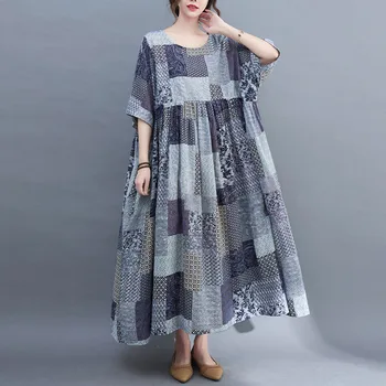 Nadrozmerné Vintage Kockované Šaty pre Ženy, Voľné Bežné Kvetinové Šaty Móde Dámy Bavlna Nadrozmerná Nové Módne Mujer Šaty 2021