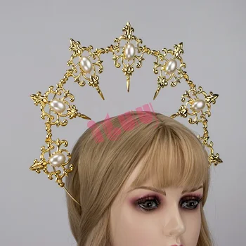 Ručné KC Halo Headpiece Gothic Lolita Panny Márie Bohyne Slnka Baroková Perla Zlatých Halo Koruny hlavový most Strany Vlasy Príslušenstvo