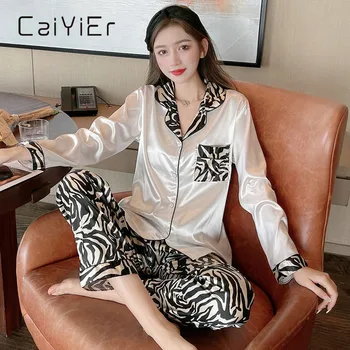 CAIYIER 2021 Jar&Jeseň Nové Sleepwear Leopard Tlač dámske Pyžamo Zebra Odev Celý Rukáv Sexy Hodváb Hodvábny Pijamas Mujer