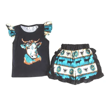 Dievčatá Roztomilý Letné Oblečenie Krava Vzor Oblečenie S Flutter Rukáv Deti Boutique Oblečenie Set Sa