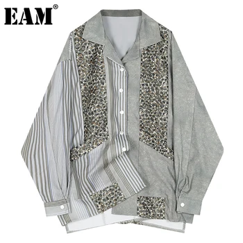 [EAM] Ženy Nepravidelný Veľká Veľkosť Leopard, Blúzky, Nové Klope Dlhý Rukáv Voľné Nosenie Tričko Fashion Príliv Jar Jeseň 2021 1DD4253