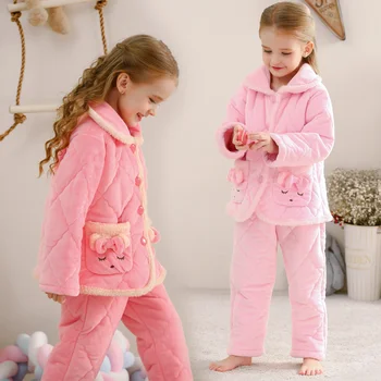 Zimné detské Pyžamo Dievčatá Zahusťovanie Coral Fleece Baby Plus Velvet teplo Domova Oblečenie pre Deti Sleepwear