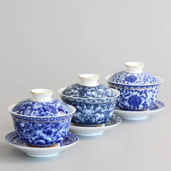 Čajové Misky Čínsky Čajový Set Jingdezhen Retro Modré a Biele Porcelánové Gaiwan Keramické Puer Čaj Poháre s Tanier Nastavenie Zlato Rim Teaware