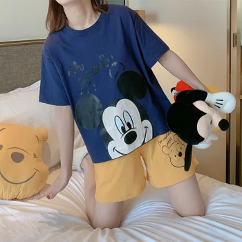 Disney Mickey Mouse Cute Pyžamo Nastaviť Letné Dámske Krátke Blúzku a Šortky Sleepwear Medvedík Pú Pyžamá Dievča Nightwears Nastaviť