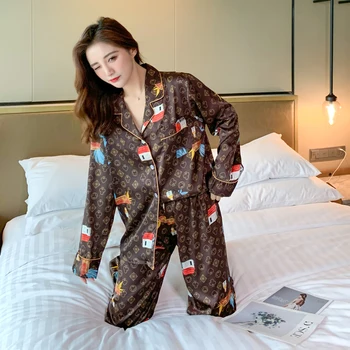 2021 Jar Jeseň dámske Pyžamo Nastaviť Sleepwear Hnedá Farba Dlhým rukávom Hodváb Ako Nightie Luxusné Domáce Oblečenie Odev Nastaviť