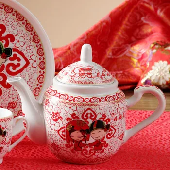 Keramika Čaj Nastaviť Kreatívne Svadobné Červená Teacup Studenej Kanvica Domov Kanvica Čínsky Štýl Kung Fu Čierny Čaj Da Hong Pao Teaware