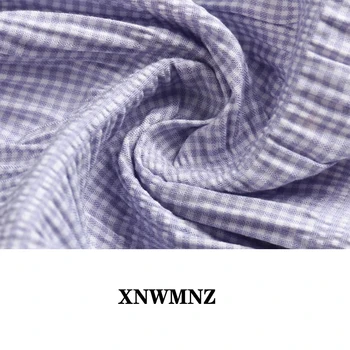 XNWMNZ Za 2021 Módne Tlačidlá Tartan Blusas Mujer De Moda Francúzsko Ruched Fialová Ženy, Blúzky, Vintage Zase Dole Golier Elegantné Topy