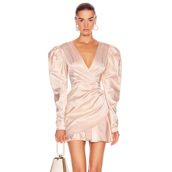 Vysoká Kvalita Ružovú Sexy Hlboko V Krku Celý Rukáv Elegantný Mini Šaty 2021 Ženy Rozstrapatené Záhyby Celebrity Party Šaty