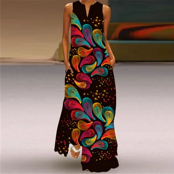 Dámske Letné Sexy bez Rukávov tvaru 3D Tlačené Šaty 2021 Retro Kvetinový Plus Veľkosť Maxi Šaty Ženy, Voľné Pláže Vestidos Šaty