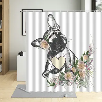 Kreatívne Pes Nosil Hip-Hop Klobúk Plagát Sprchový Záves Francúzsky Buldog Karikatúry Pre Obývacia Izba Nepremokavé Vaňou Záves S Hákom