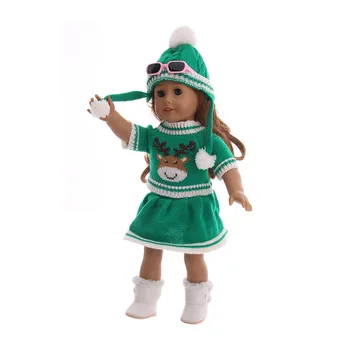 3ks/Set Zelená Vlna Sako + Sukňa + Klobúk Roztomilý Teplý Oblek Pre 18-Palcové American Doll Dievča & 43 Cm novonarodené deti Našej Generácie