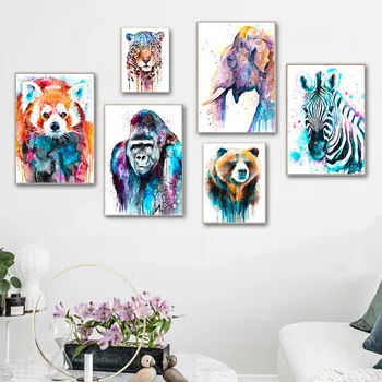 Akvarel Gorila Slon Gepard Umenie Plagáty a Vytlačí Abstraktné Zvierat Plátno nástenná maľba Obrázok Tlače na Obývacia Izba Domova
