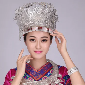 Čínsky Miao tanec klobúky Miao striebro Headdress Menšiny fáze výkonu cosplay party pokrývky hlavy