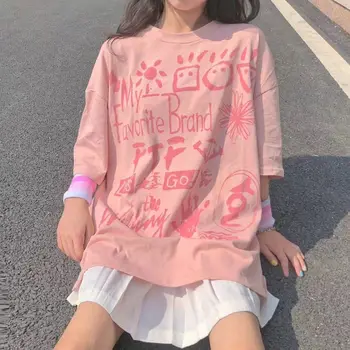 Bavlna Graffiti Krátky Rukáv T-shirt Žena 2021 Letné Nový kórejský Voľné Študent Ružový Top Punk Oblečenie T-košele pre Ženy