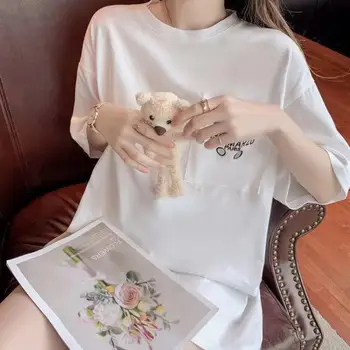 Kórejský Módne Medveď Bábika T-Shirt Dievča Roztomilý Šaty, Topy Bavlny O-Neck Black White Tee Tričko Ženy Harajuku Kawaii Streetwear