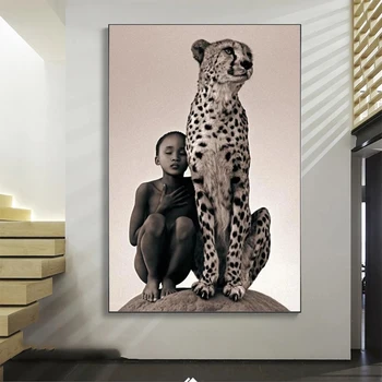 Moderný Dekor Plagát Black Boy a Gepard Plátno na Maľovanie Divokých Afrických Zvierat Plagát a Tlač Wall Art Obraz pre Home Decor