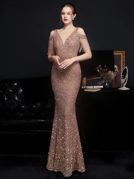 YIDINGZS Ženy 2021 Nové Off Ramenný Strany Bodycon Maxi Šaty Elegantné V Krku Zlaté Sequin Večerné Šaty