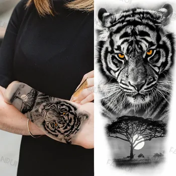 Black Gun Tetovanie Nálepka Pre Mužov, Ženy Rameno Umenie Dočasné Tetovanie Realistické Falošné Kvet Lev, Tiger Tatoos Odtlačkový Pohode Bojovník urob si sám