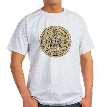 St Benedikt Medaila: Latinská + Preklad Svetlo T-Shi - Bavlna T-Shirt