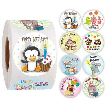 500 ks/kotúč 8 vzory happy birthday nálepky narodeninové darčeky deti, narodeninové torty a tlačoviny dekorácie, nálepky