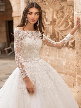 YILIBER Čipky svadobné šaty jedno rameno dlhý rukáv 3d kvetinové svadobné šaty luxusné retro tlačidlá výšivky nášivka
