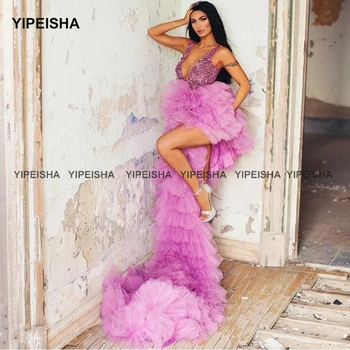 Yipeisha Lila Tylu Dlho Prom Šaty, Sexy tvaru Asymetrické Party Šaty Lesklé Sequined Unavený Sukne Formálne Maškaráda Šaty