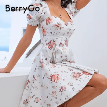 BerryGo Biely Kvetinový Tlač Krátke Lístkového Rukáv Ženy Šaty 2021 Lete Vysoký Pás A-line Sundress Bežné Elegantné Dámy Vestidos