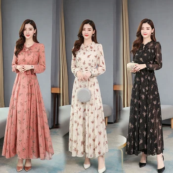 Veľké Veľkosti, Dlhé Temperament Šaty Pre Ženy 2021 Nové Jarné Vysoký Pás Tenký Dlhý Rukáv Kvetinové Šaty kórejských Žien Vestidos 4XL
