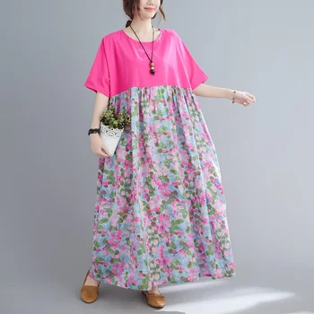 Krátky rukáv bavlna vintage kvetinové šaty pre ženy príležitostné voľné dlho žena letné šaty elegantné oblečenie 2021
