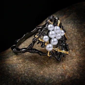 Luxusné 925 Sterling Silver Sladkovodné Baroková Perla Prstene pre Ženy Vintage Pobočiek Čierne Zlato Koktail Krúžky Taliansko Šperky