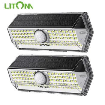 2 KS LITOM 100 LED Inovované Slnečné Svetlo 4 Svetelné Režimy, Vodotesný IP67 Pohybové Čidlo Vonkajšie Solárne Nástenné Svietidlá pre Záhradu, Park